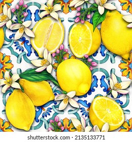 Watercolor Mediterranean Traditional Pattern With Lemons And Tiles