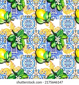 Watercolor Mediterranean Traditional Pattern Lemons Tiles Stock ...