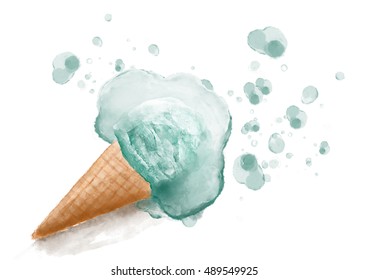 Watercolor melted ice cream cone, background hand painted illustration