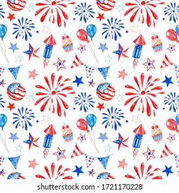 Watercolor Memorial Day And 4th Of July Seamless Pattern With Hand Painted Red, White, Blue Fireworks,stars, Balloons. Festive Patriotic American Print, Colors Of Us Flag On White Background.