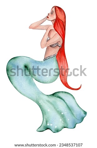 Watercolor mermaid. Watercolor hand drawn illustration. Perfect for children artworks, wallpapers, posters, greeting cards, prints .