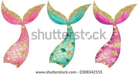 watercolor mermaid tails illustrations with gold glitter details