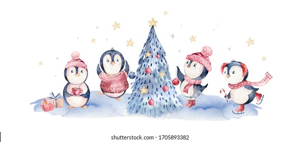 水彩メリークリスマスキャラクターペンギンのイラスト かわいいおかしな動物デザインカードを使った冬の漫画 スノーホリデークリスマスペンギン のイラスト素材 Shutterstock
