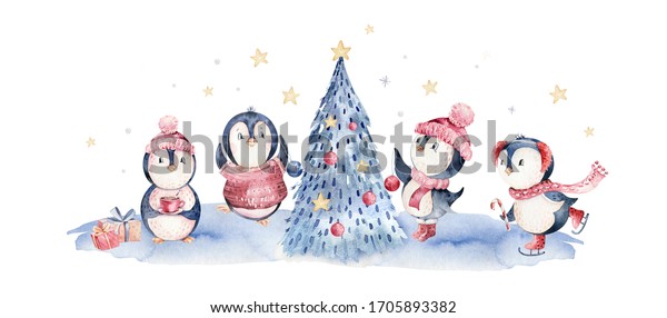 水彩メリークリスマスキャラクターペンギンのイラスト かわいいおかしな動物デザインカードを使った冬の漫画 スノーホリデークリスマスペンギン のイラスト素材