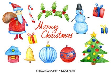 Watercolor Merry Christmas And Happy New Year Set Isolated On White Background. Child's Drawing