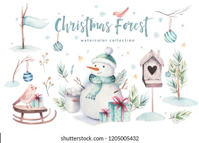 Watercolor Merry Christmas Illustration With Snowman, Holiday Animals Deer, Rabbit. Christmas Celebration Cards. Winter New Year Design.