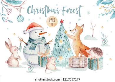 Watercolor Merry Christmas Illustration With Snowman, Christmas Tree , Holiday Cute Animals Fox, Rabbit And Hedgehog . Christmas Celebration Cards. Winter New Year Design.