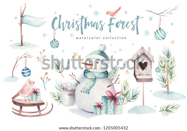 水彩メリークリスマスイラストと雪だるま 動物の鹿 ウサギ クリスマスのお祝いのカード 冬の新年のデザイン のイラスト素材