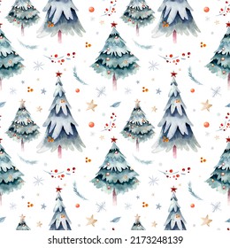 Watercolor Merry Christmas Seamless Pattern With Stars And Christmas Tree ,holiday Cute Animals Christmas Celebration Background. Winter  Wrapping Paper Pattern