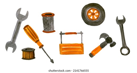 Watercolor metal tools and spare parts for car.