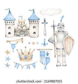 Watercolor middle ages set:castle,knight,crown,sword,coat of arms,gorn,stars,cloud.Kingdom.Kids set.Medieval elements.Boys illustration.Baby shower.Watercolor knight.Tower