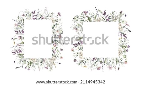 Watercolor Midsummer invitations frames with hand painted delicate  leaves, pink  flowers. Romantic floral frames  perfect for wedding greeting cards, invitation.