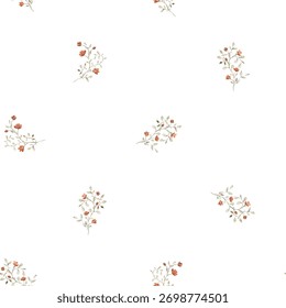 Watercolor minimalistic seamless pattern with tiny floral branch, red vintage flowers and leaves. Retro style. For textile, fabric, packaging, wrapping paper, scrapbooking, digital wallpaper, apparel