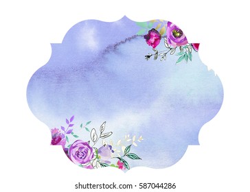Watercolor mint leaves purple floral  frame hand painted isolated on white background.