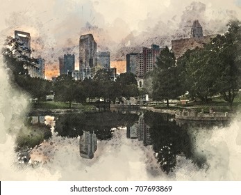 Watercolor mixed media illustration of downtown/uptown Charlotte, North Carolina at sunset as seen from Marshall Park
