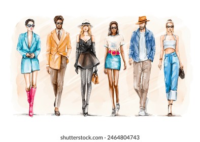Watercolor mixed race group of fashion people walking. Stylish beautiful people walking. Fashion illustration