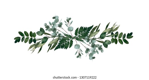 Watercolor Modern Decorative Element. Eucalyptus Round Green Leaf Wreath, Greenery Branches, Garland, Border, Frame, Elegant Watercolor Isolated, Good For Wedding Invitation, Card Or Print