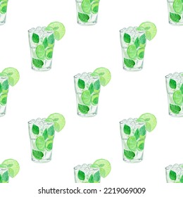 Watercolor Mojito Cocktail Seamless Pattern On White Background. Lemonade Print For Wrapping, Textile, Fabric, Scrapbooking, Wallpaper 