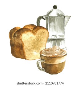 Watercolor Moka Pot, Loaf Of Bread, Cup Of Coffee With Whipped Cream Illustration. Hand Painted Breakfast Clipart Elements Isolated On White Background. Food Objects For Cafe, Bakery, Menu, Recipe.