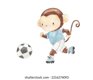 Watercolor Monkey Playing Football Illustration For Kids