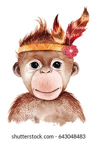 Watercolor Monkey Portrait, Cute Boho Design With Feathers. Nursery Prints With Animals , Posters And Postcards.