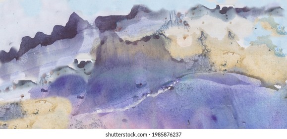 Watercolor monotipy picture, range of high mountains