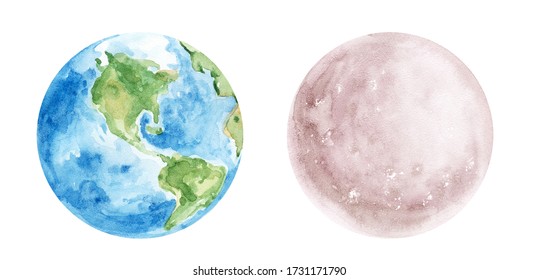 Watercolor Moon and Earth illustration. Hand painted clipart for cosmic patterns, print, invitation. Various space objects. Illustrations isolated on white background. World Earth day - Powered by Shutterstock