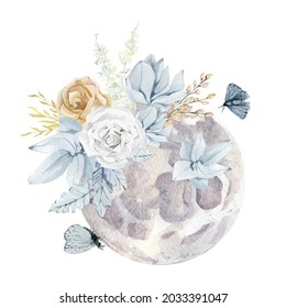 Watercolor Moon And Floral Bouquet. Elegans Celestial With Flowers And Buterfly. White And Blue Illustration For Moon Calendar, Logo Design, Tattoo, Banner, Sticker. Isolated Art On White Background.