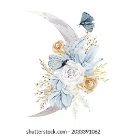 Watercolor Moon And Flower Bouquet. Elegant Celestial Art With Floral And Buterfly. White And Blue Illustration For Moon Calendar, Logo Design, Tattoo, Sticker, Wedding Invintation.