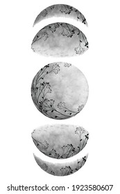 Watercolor Moon Phases And Flowers 