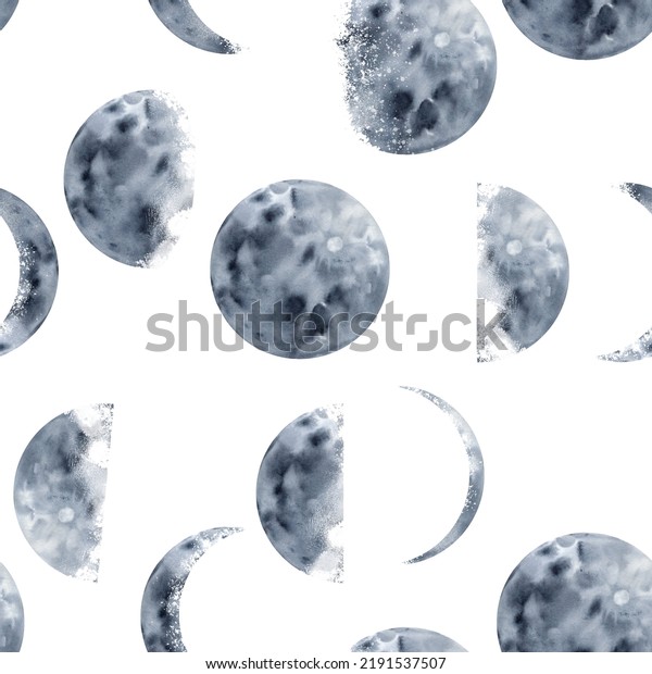 Watercolor moon phases\
seamless pattern. Hand-drawn illustration of celestial bodies on an\
endless background. Astronomical motif for fabric and wallpaper.\
Mystical dreamy\
print.