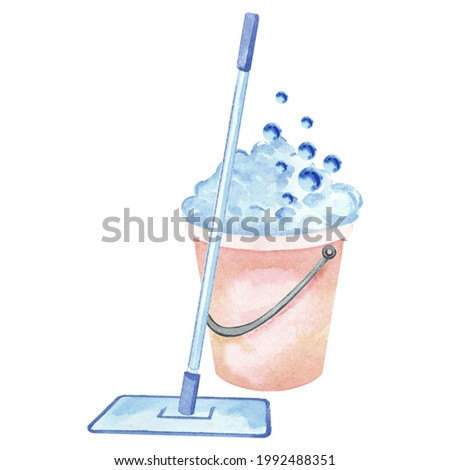Watercolor mop and bucket. Illustrations of cleaning equipment for housework.