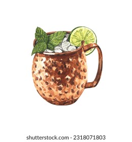 Watercolor moscow mule cocktail with lime and mint leaves ice, in a copper mug. Hand-drawn illustration isolated on white background.Perfect for recipe lists with alcoholic drinks, brochures for cafe - Powered by Shutterstock