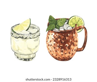 Watercolor moscow mule cocktail, lime margarita with lime and mint leaves. Hand-drawn illustration isolated on white background.Perfect for recipe lists with alcoholic drinks, brochures for cafe - Powered by Shutterstock