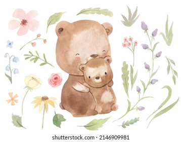 Watercolor mother and baby bear. Cute illustration for kids