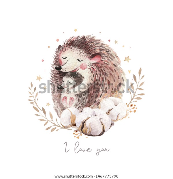 水彩色の母親のデイカード マザーハリネズミが子どもを抱きしめます 幼い鹿の赤ちゃんとお母さん水彩の漫画の赤ちゃん保育園 森のおかしな若いハリネズミの イラスト のイラスト素材