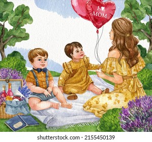 Watercolor Mothers Day Postcard, Family Illustration, Best Mom, Mother And Kids,summer Provence Picnic With Young Woman, Sun And Daughter 