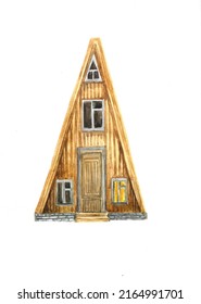 Watercolor Mountain Cabin.detached Brown Triangular Small Forest House On A White Background. Hand Drawn Hut.