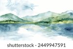 Watercolor mountain lake horizon landscape scene hills forest pond beautiful scenic art sunset sunrise misty foggy sun trees forest reflection background beautiful 