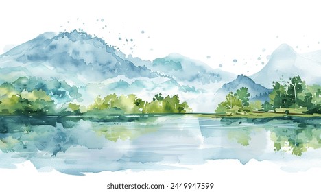 Watercolor mountain lake horizon landscape scene hills forest pond beautiful scenic art sunset sunrise misty foggy sun trees forest reflection background beautiful  - Powered by Shutterstock