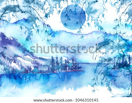 Watercolor mountain landscape, blue, purple mountains, tree, peak, forest silhouette, reflection in the river, lake, clouds, fog, moon, monochrome. Watercolor painting, illustration, landscape