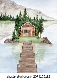 Watercolor Mountain Landscape With Pier, Lake, Cabin, Forest, Beautiful Vacation Scenery, Travel Theme Poster Design