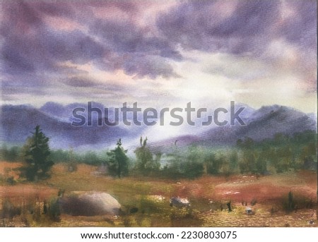 Watercolor mountain landscape, with a stormy sky and a ray of sun penetrating through the clouds.
