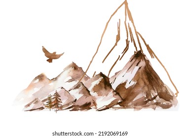 Watercolor Mountains Travel Illustration, Boho Autumn Landscape Clipart, Forest Tree Clipart For Woodland Wedding, Travel Design, Feminine Logo. Gold Frame And Fall Woodland For Logo Design