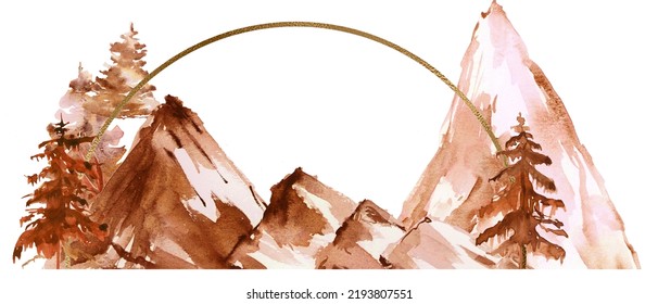 Watercolor Mountains Travel Illustration, Boho Autumn Landscape Clipart, Forest Tree Clipart For Woodland Wedding, Travel Design, Feminine Logo. Gold Frame And Fall Woodland For Logo Design