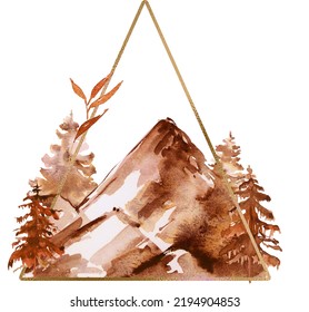 Watercolor Mountains Travel Illustration, Boho Autumn Landscape Clipart, Forest Tree Clipart For Woodland Wedding, Travel Design, Feminine Logo. Gold Frame And Fall Woodland For Logo Design