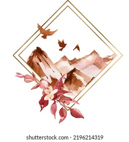 Watercolor Mountains Travel Illustration, Boho Autumn Landscape Clipart, Forest Tree Clipart For Woodland Wedding, Travel Design, Feminine Logo. Gold Frame And Fall Woodland For Logo Design