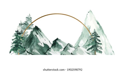 Watercolor Mountains Travel Illustration, Greenery Landscape Clipart, Forest Tree Clipart For Woodland Wedding, Travel Design, Feminine Logo. Gold Frame And Greenery For Logo Design