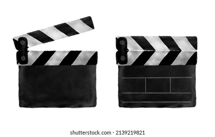 Watercolor Movie Clapper Board Isolated On White Background. 