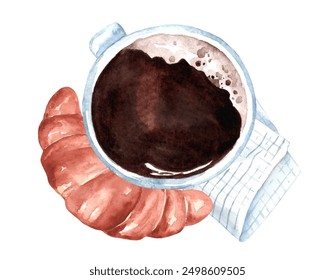 Watercolor mug of black coffee with croissant. Illustration of Espresso with fresh pastries isolated on white background. Breakfast drawing for menu and cafe design - Powered by Shutterstock